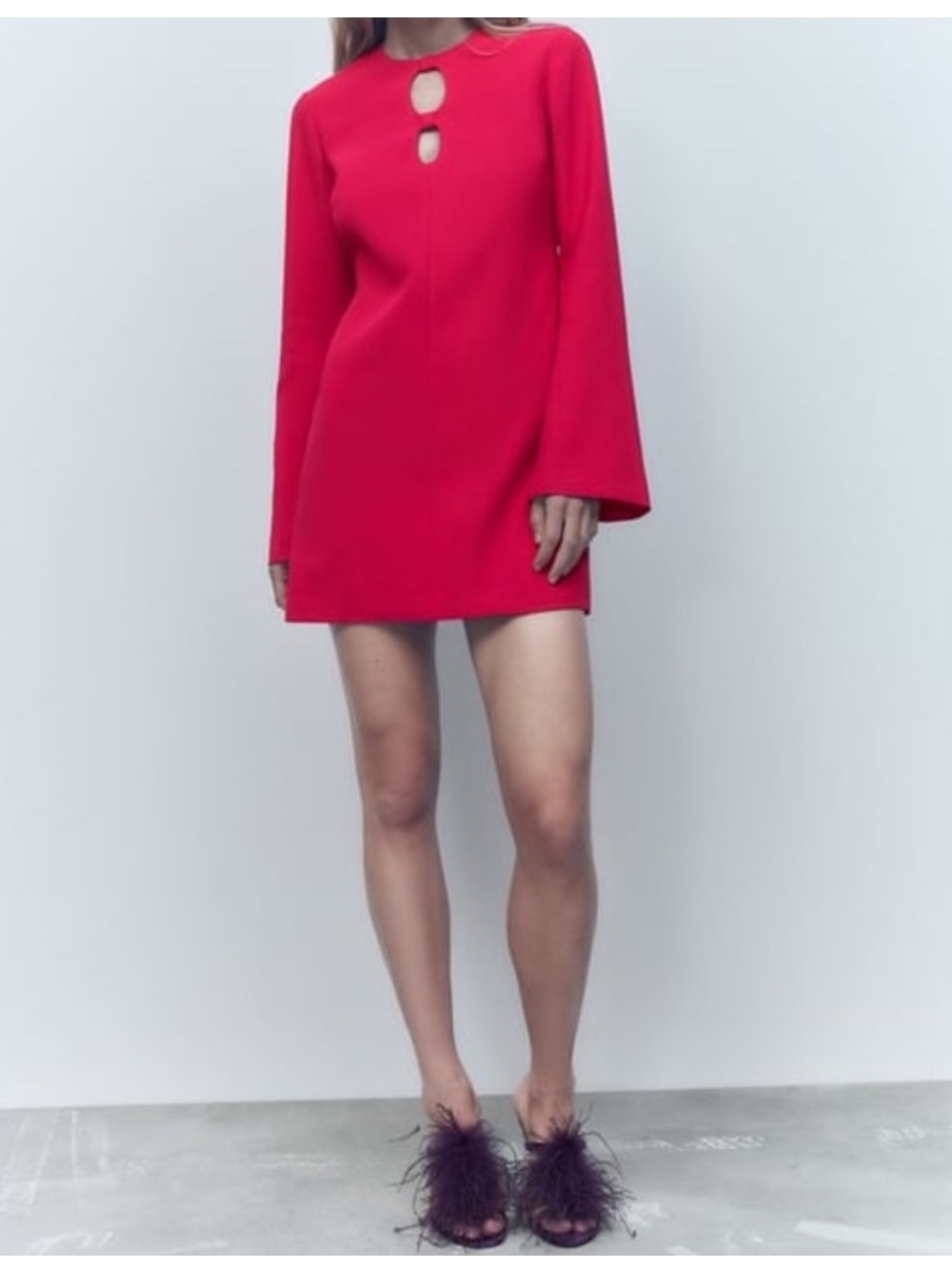 Zara Bright Red Long-Sleeve Keyhole Mini Dress